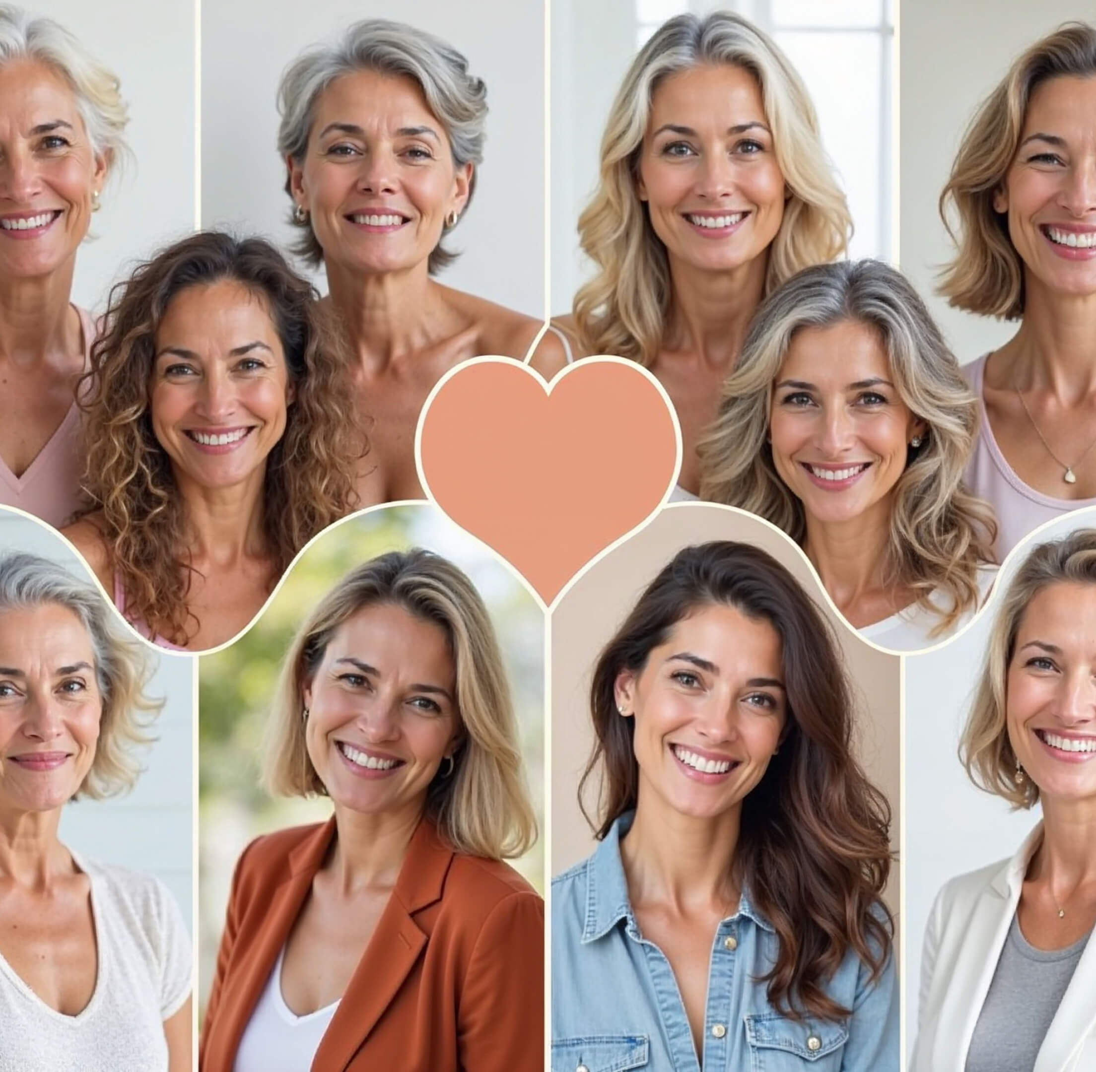 Collage of smiling women with various hairstyles and a heart shape in the center.