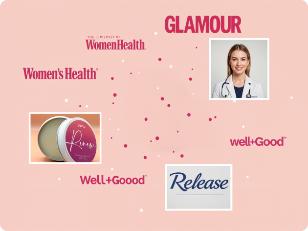Collage with logos, a doctor, and a product tin on a pink background.