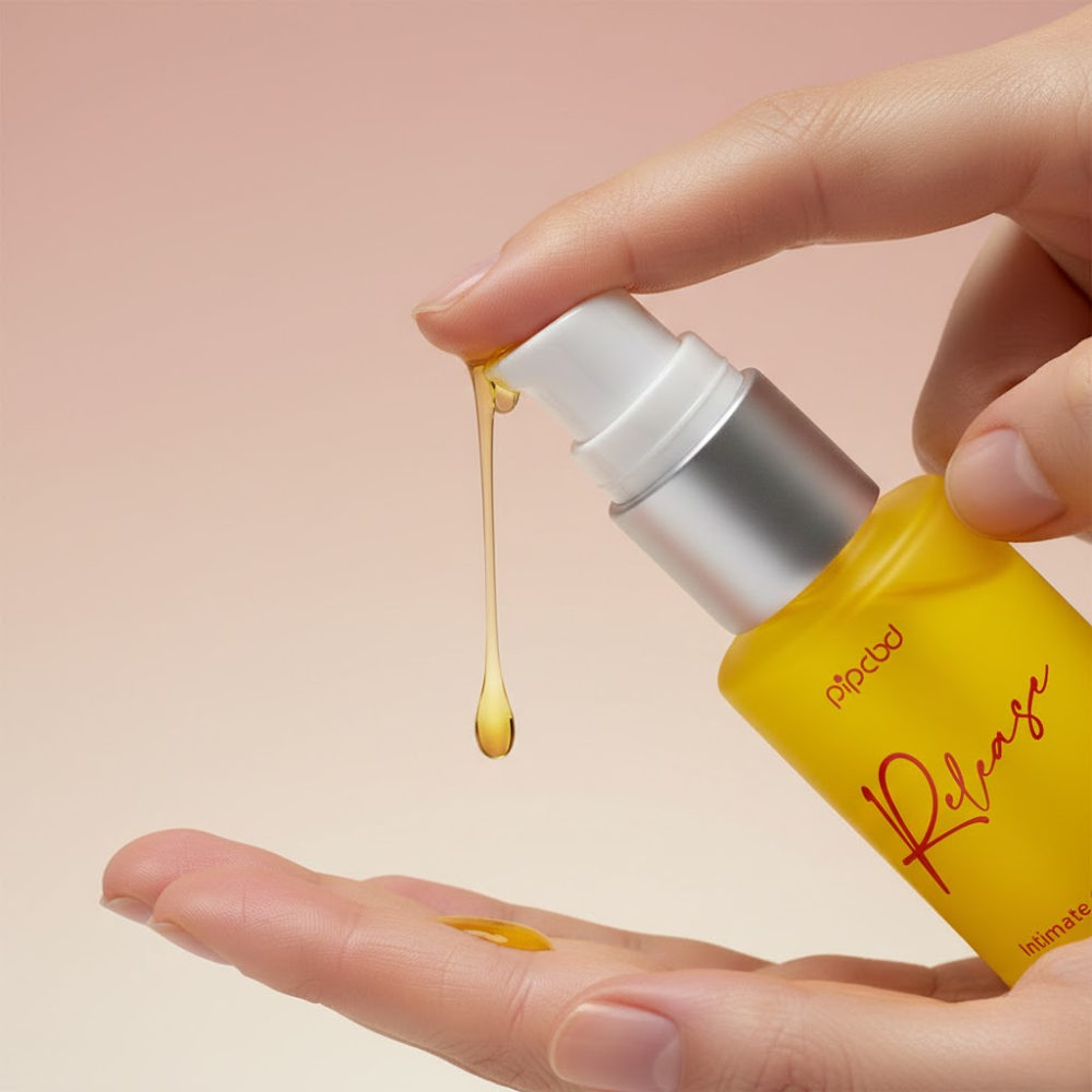 A close-up of a hand pumping golden-colored oil from a yellow bottle into a cupped palm.