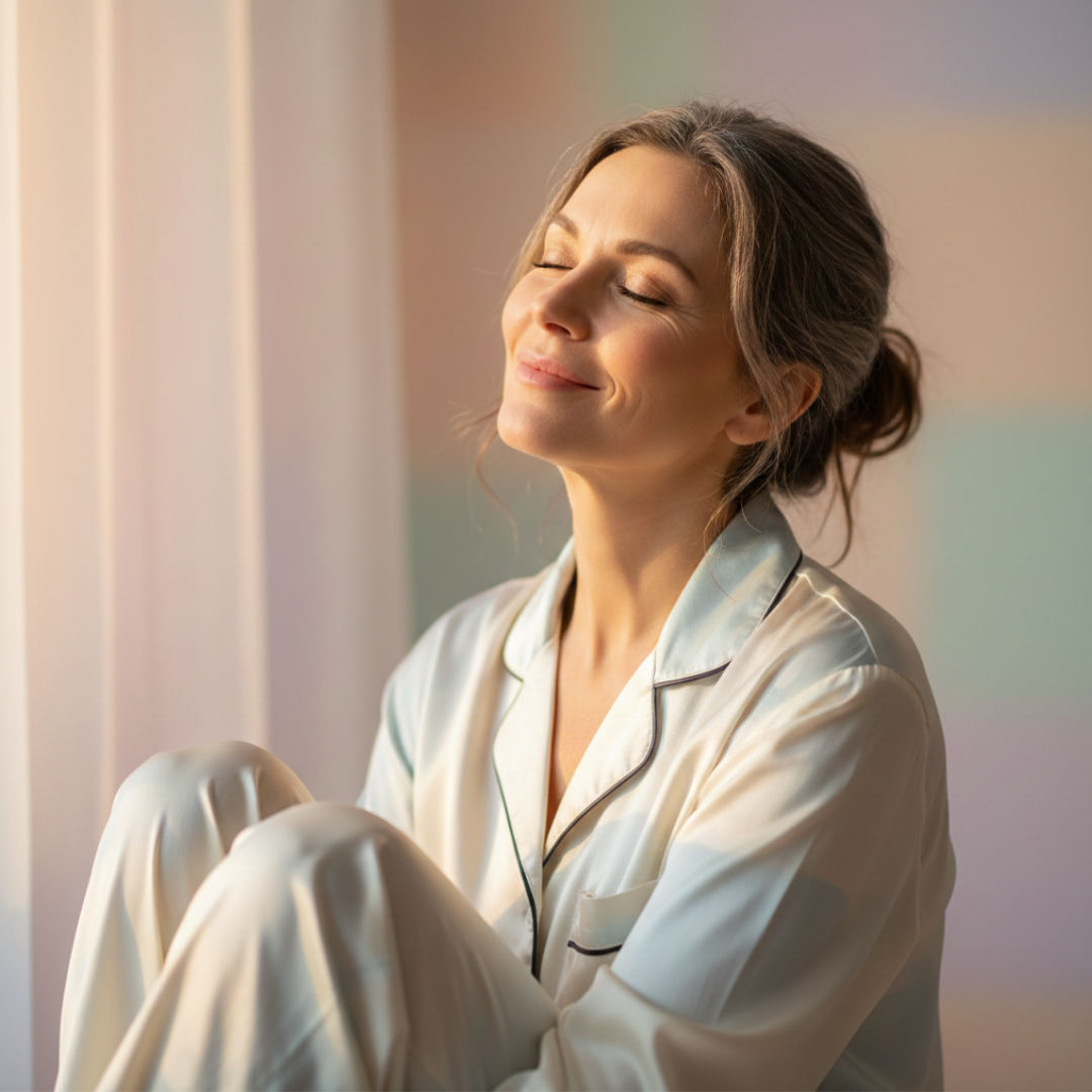 A smiling woman in silk pajamas sits with her eyes closed in the sunlight.