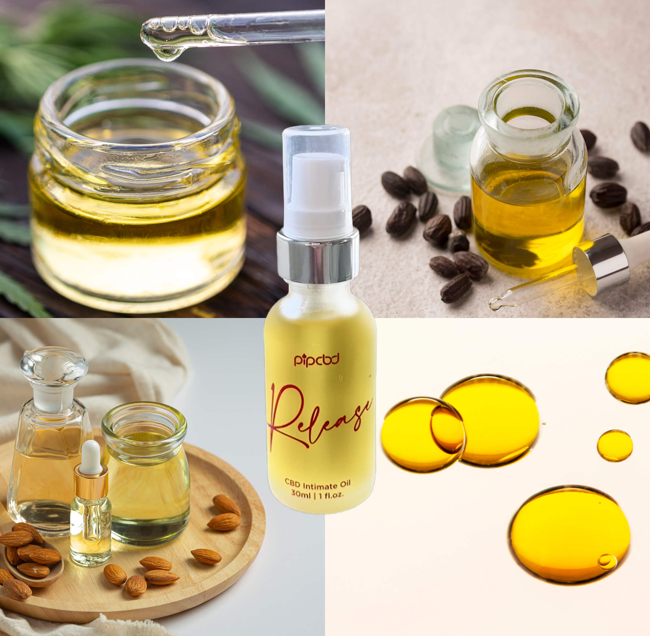 Collage of oil bottles, droppers, and almonds on a wooden tray.