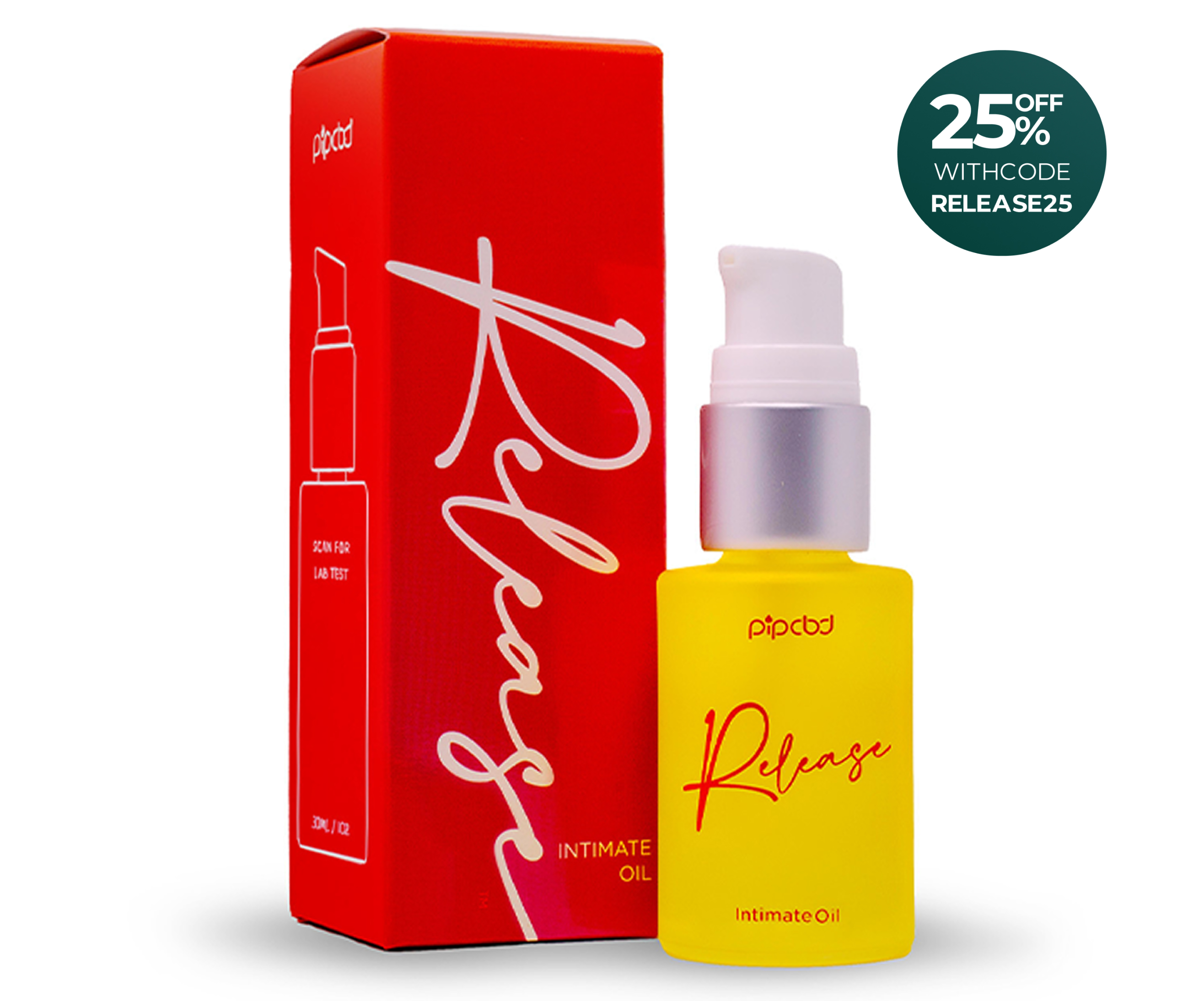 Yellow bottle of intimate oil with red packaging and discount offer.