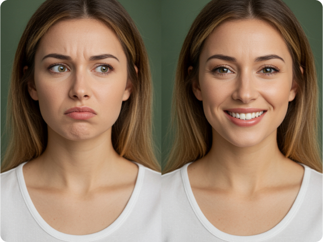 Woman with two expressions: confused on left, smiling on right.