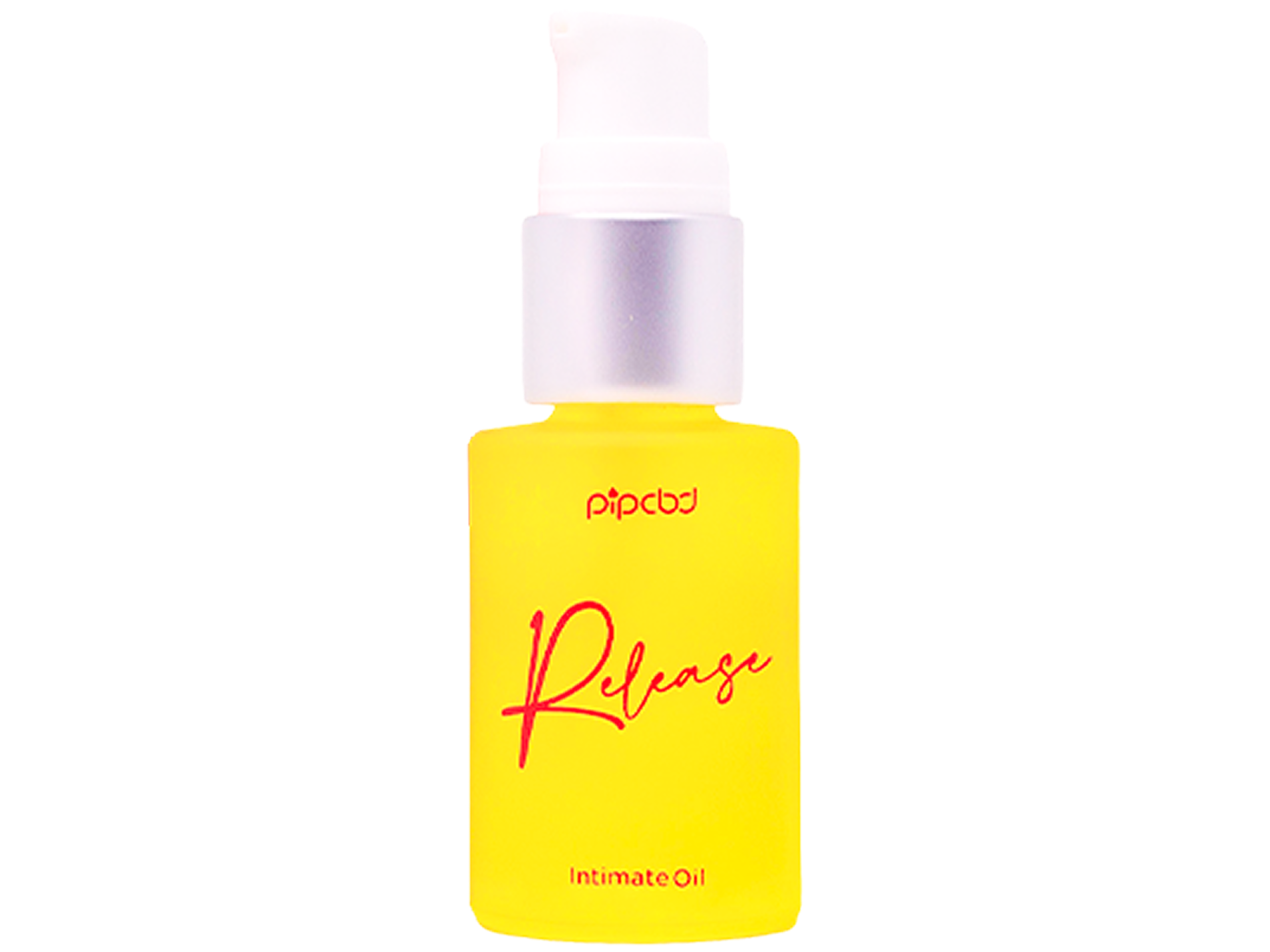 Yellow bottle labeled 'Release Intimate Oil' with a pump dispenser.