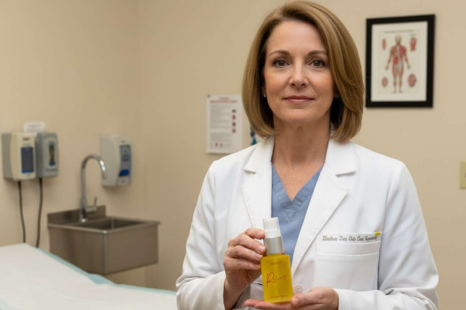 A female doctor in a lab coat and scrubs holds up a yellow bottle in an examination room.
