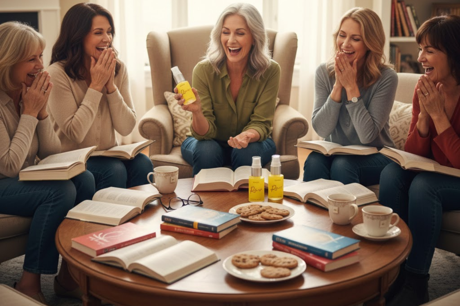 A group of women laugh together at a book club, with one holding up a yellow spray bottle.