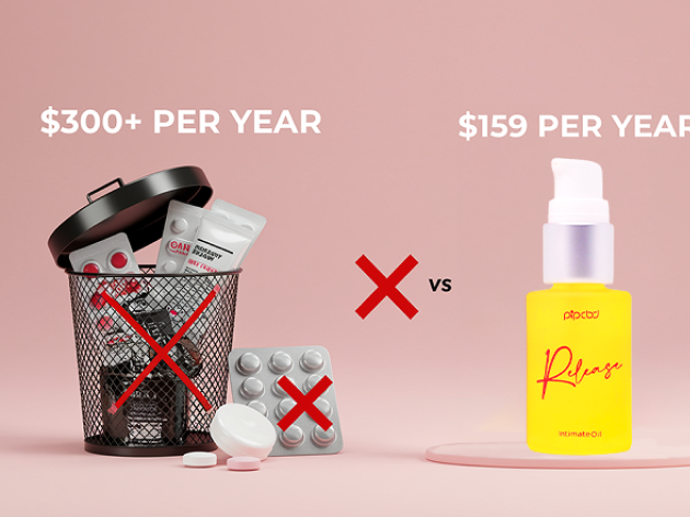 Comparison of medication costs with a trash bin and a bottle labeled 'Release'.