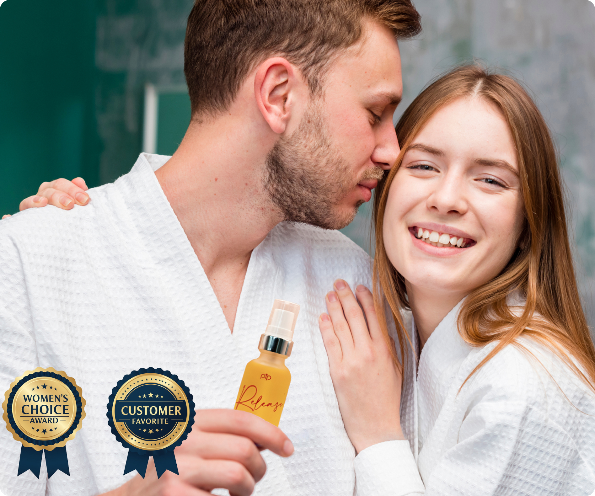 Smiling couple in robes with a skincare product and award badges.