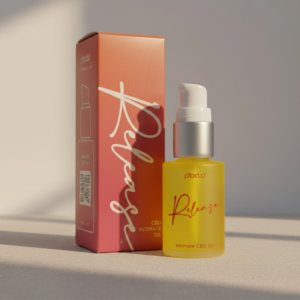 A yellow bottle of Release Intimate CBD Oil stands next to its red and pink packaging box.