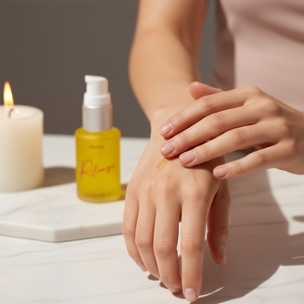 A person applies a drop of yellow oil to the back of their hand, with the bottle nearby.