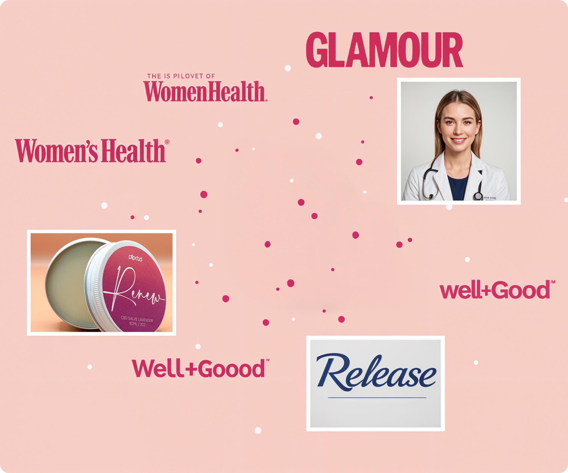 Collage with logos, a doctor, a product, and the word 'Release' on a pink background.