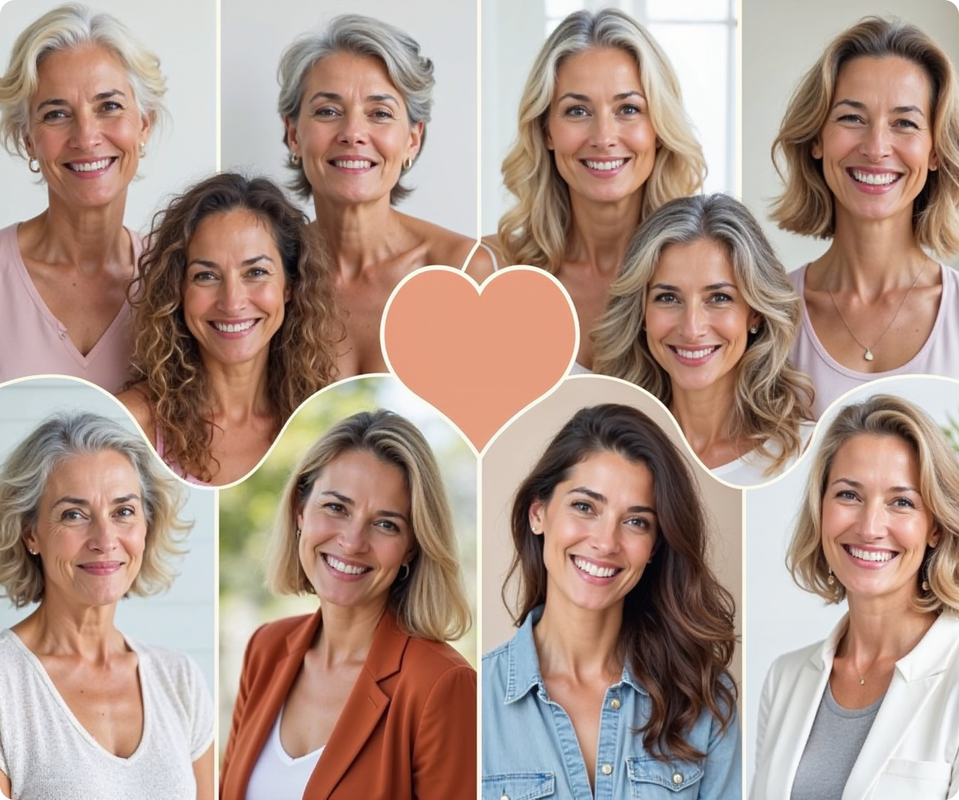 Collage of smiling women with various hairstyles and outfits, centered around a heart shape.