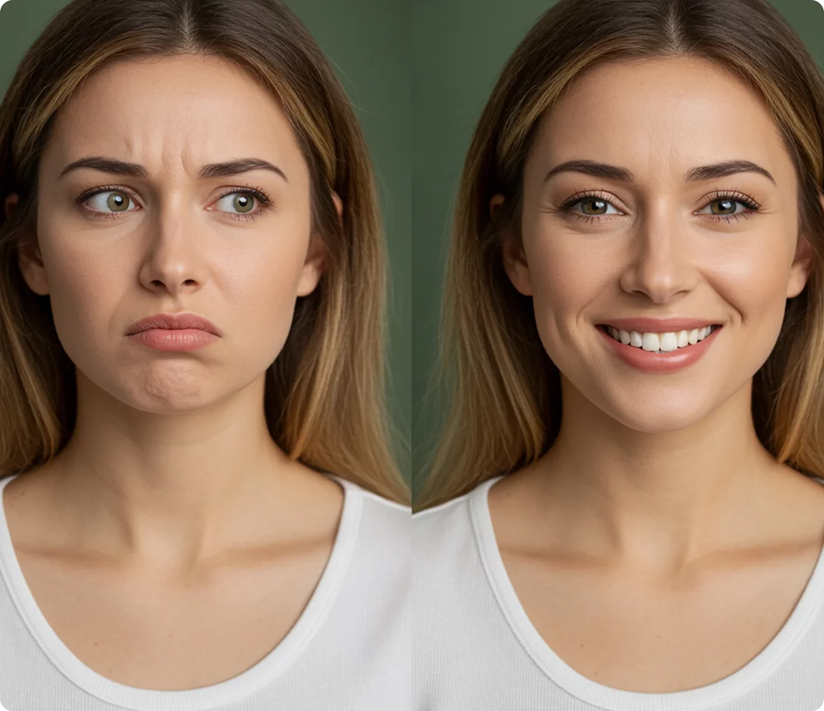 A split image showing a woman first frowning with forehead wrinkles, and then smiling with a smooth forehead.