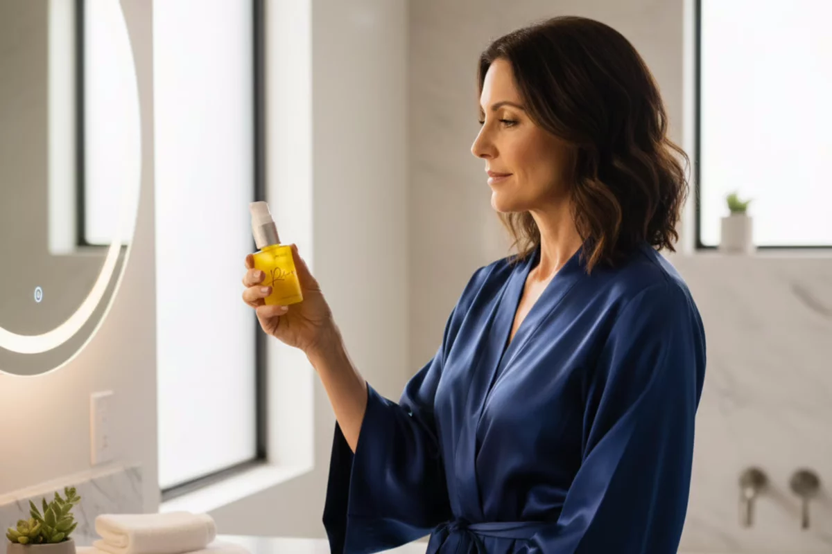 A woman in a blue satin robe looks at a yellow bottle she is holding in a bathroom.
