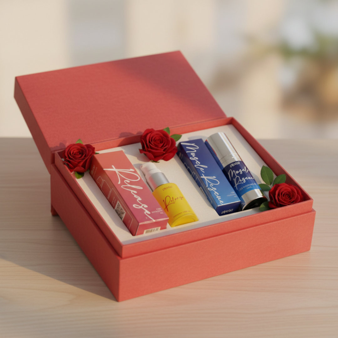 An open red gift box with two sets of cosmetic products and four red roses inside.
