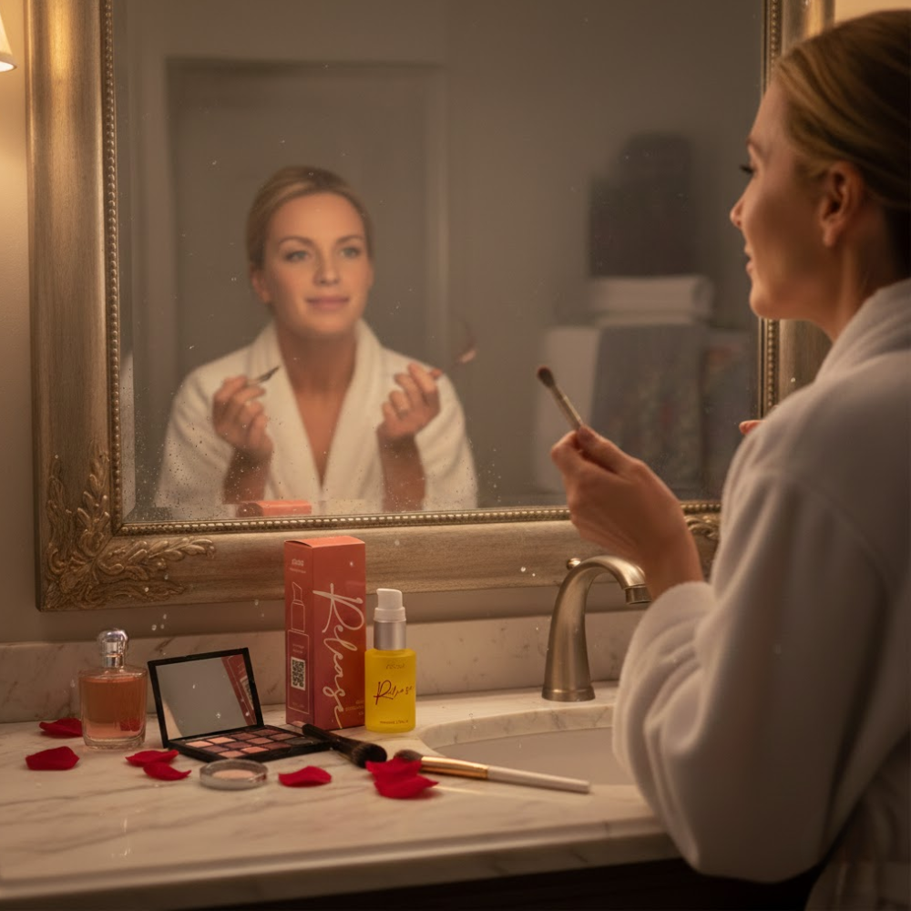 A woman in a white bathrobe applies makeup in front of a bathroom mirror with cosmetics on the counter.