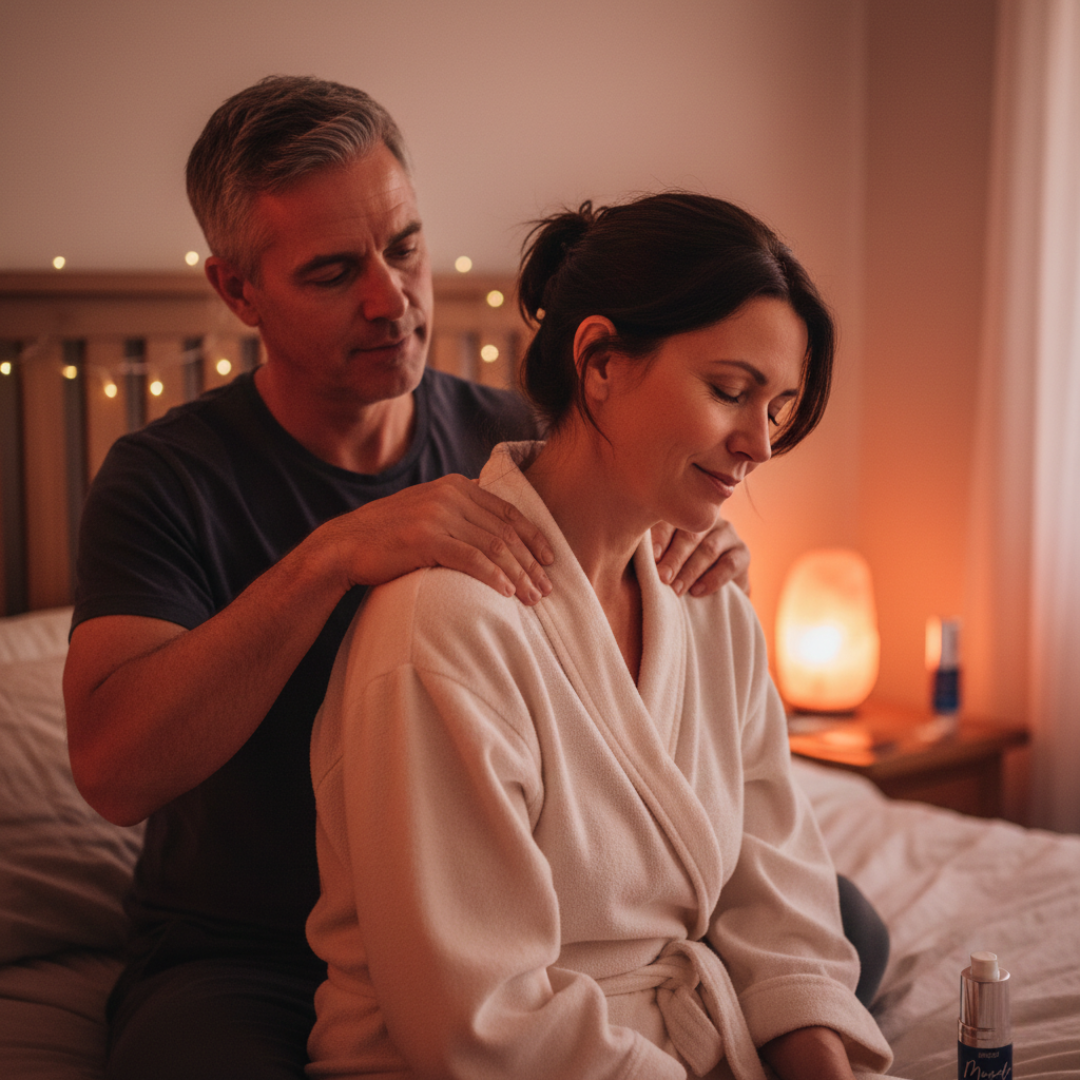 A man massages a woman's shoulders as she sits on a bed in a softly lit room.