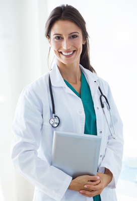 Smiling doctor in a white coat holding a folder.