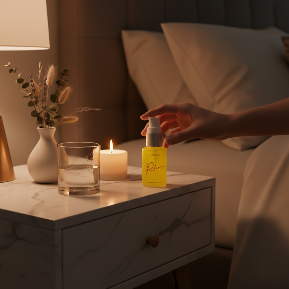 A person's hand reaches for a yellow bottle on a marble nightstand next to a lit candle.