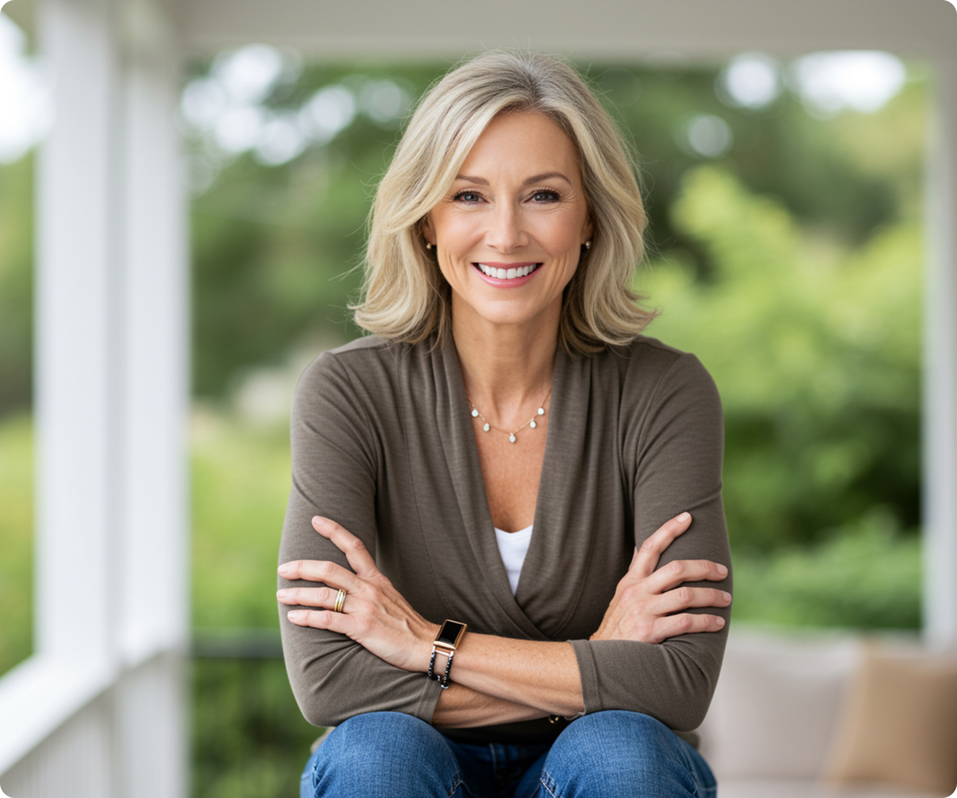 Smiling person with crossed arms sitting on a porch.