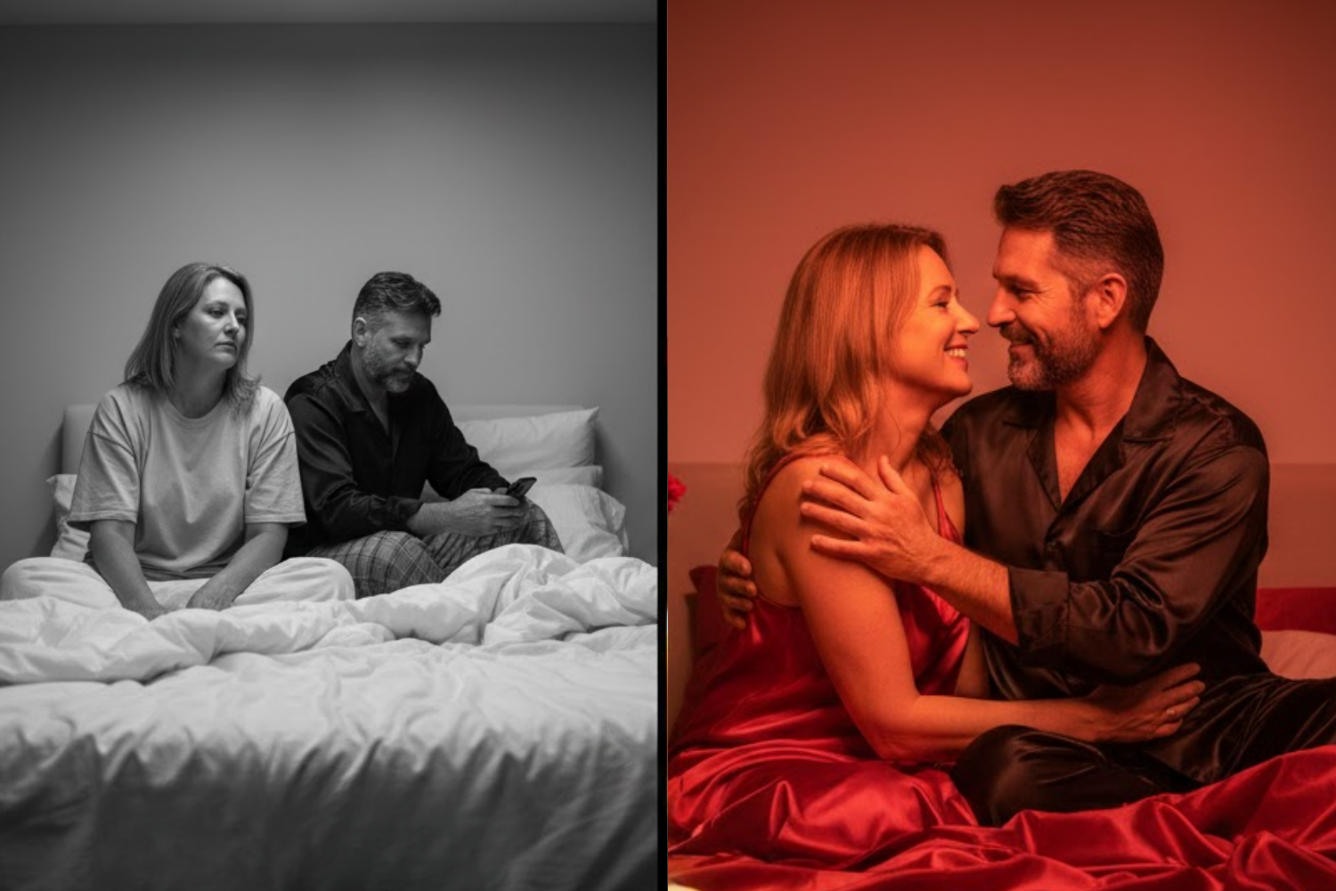 A split image showing a couple distant in bed on the left, and happy and embracing on the right.