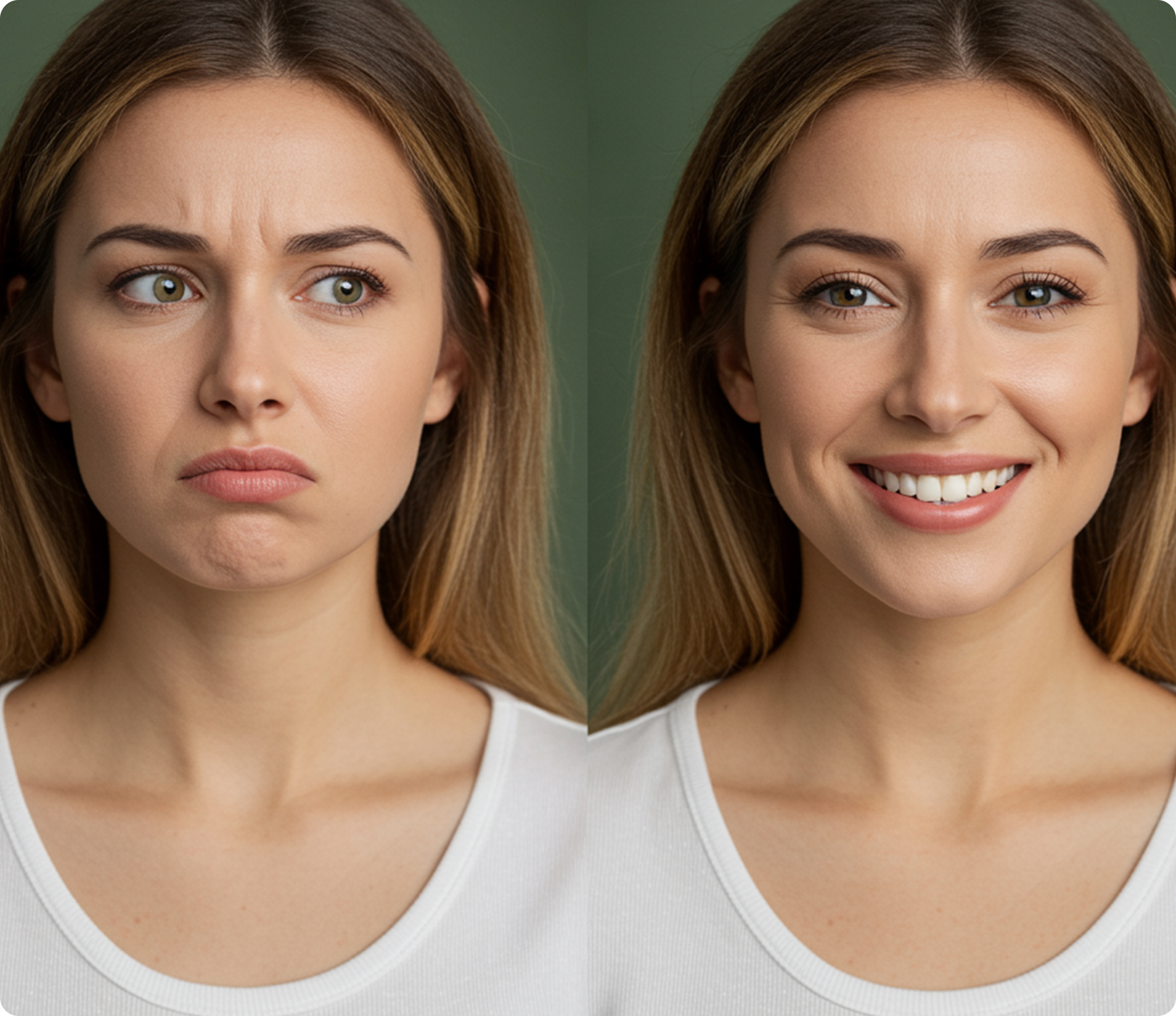 Woman with two expressions: frowning and smiling.