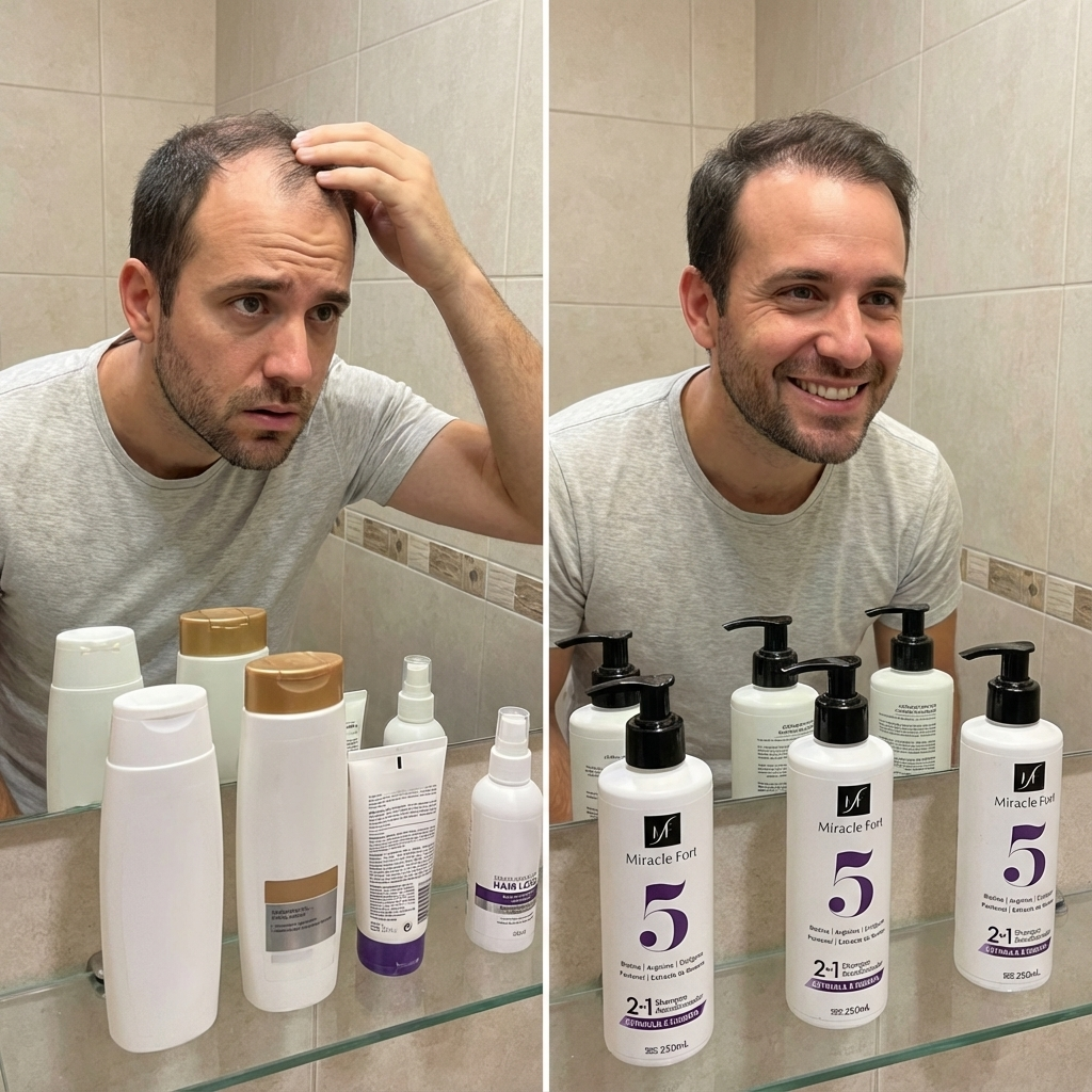 Two-panel image of a man examining hair, with various hair products on the counter.