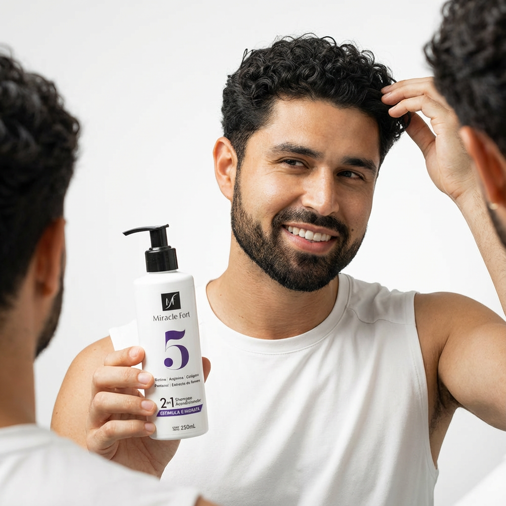 Man smiling in mirror, holding a bottle of Miracle Fort shampoo.