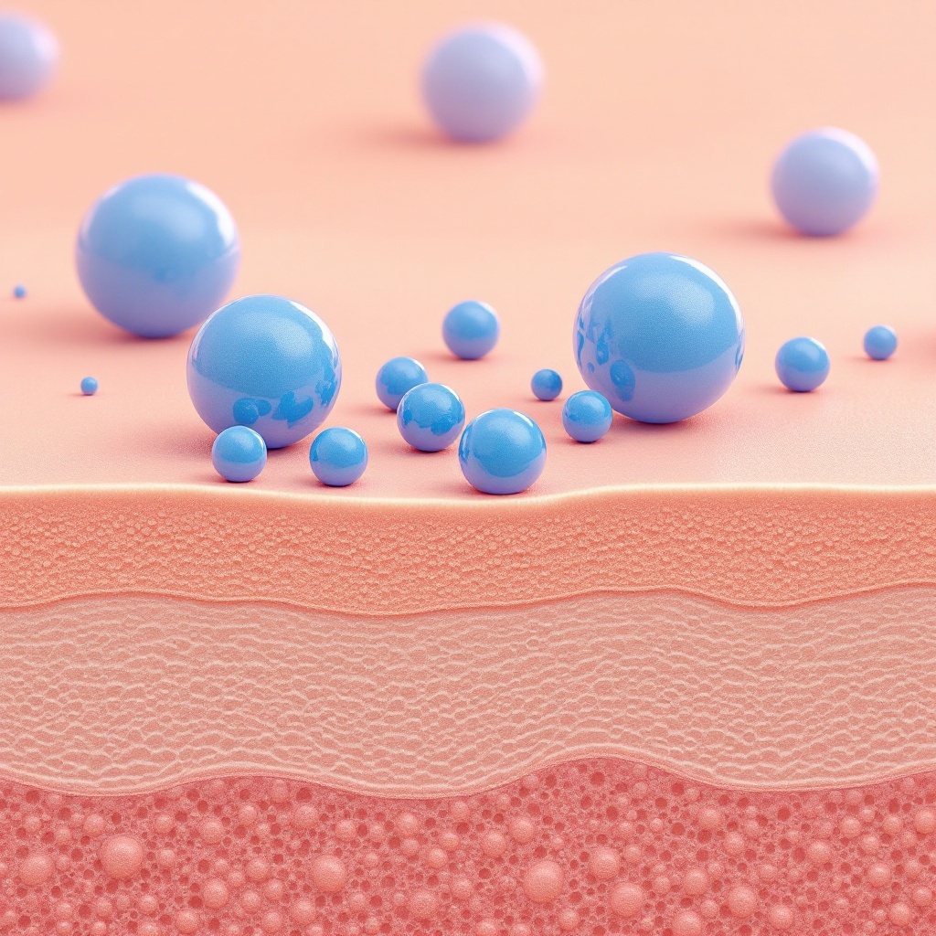 Blue molecules on layered pink surface, representing skin absorption concept.