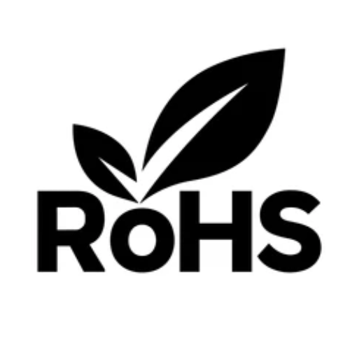 The RoHS logo, showing the letters RoHS in black with two leaves sprouting from the top.