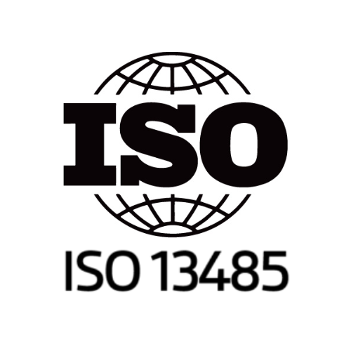 The black logo for ISO 13485, featuring the ISO emblem of a globe.