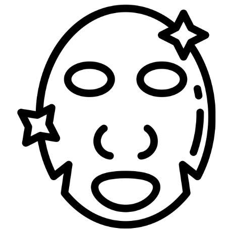 A line icon of a face wearing a sparkling sheet mask.