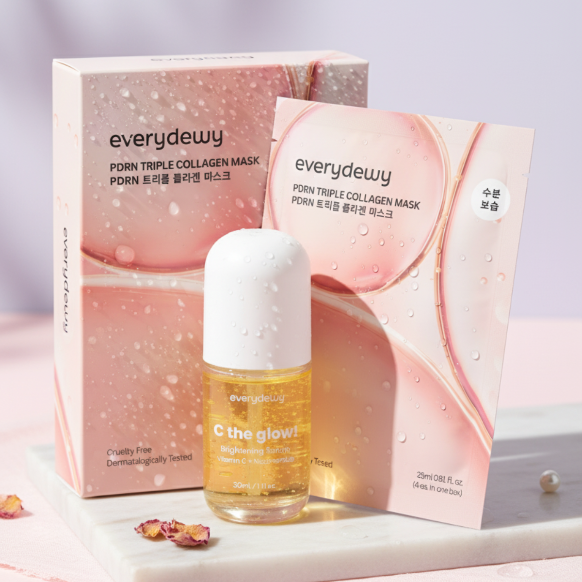 Skincare products including a collagen mask and vitamin C serum bottle on display.