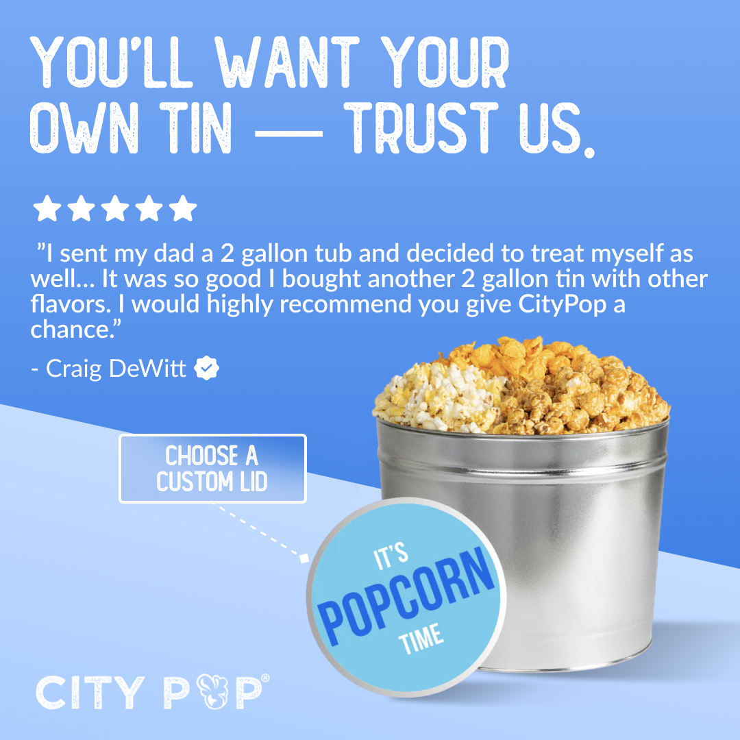 Promotional image of a popcorn tin with a customer testimonial and branding.