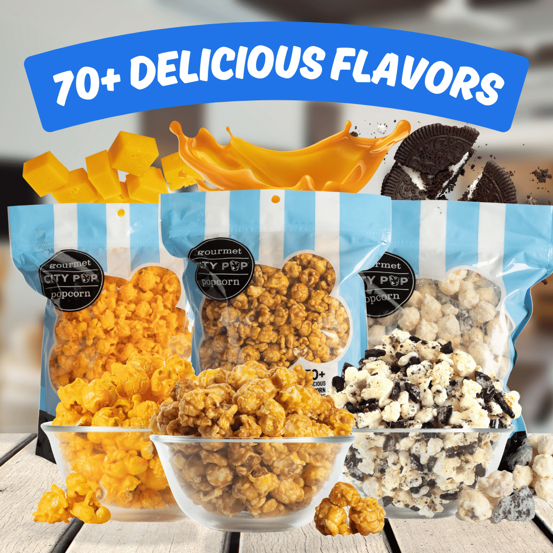 Bags and bowls of gourmet popcorn with cheese, caramel, and cookies, labeled '70+ Delicious Flavors.'