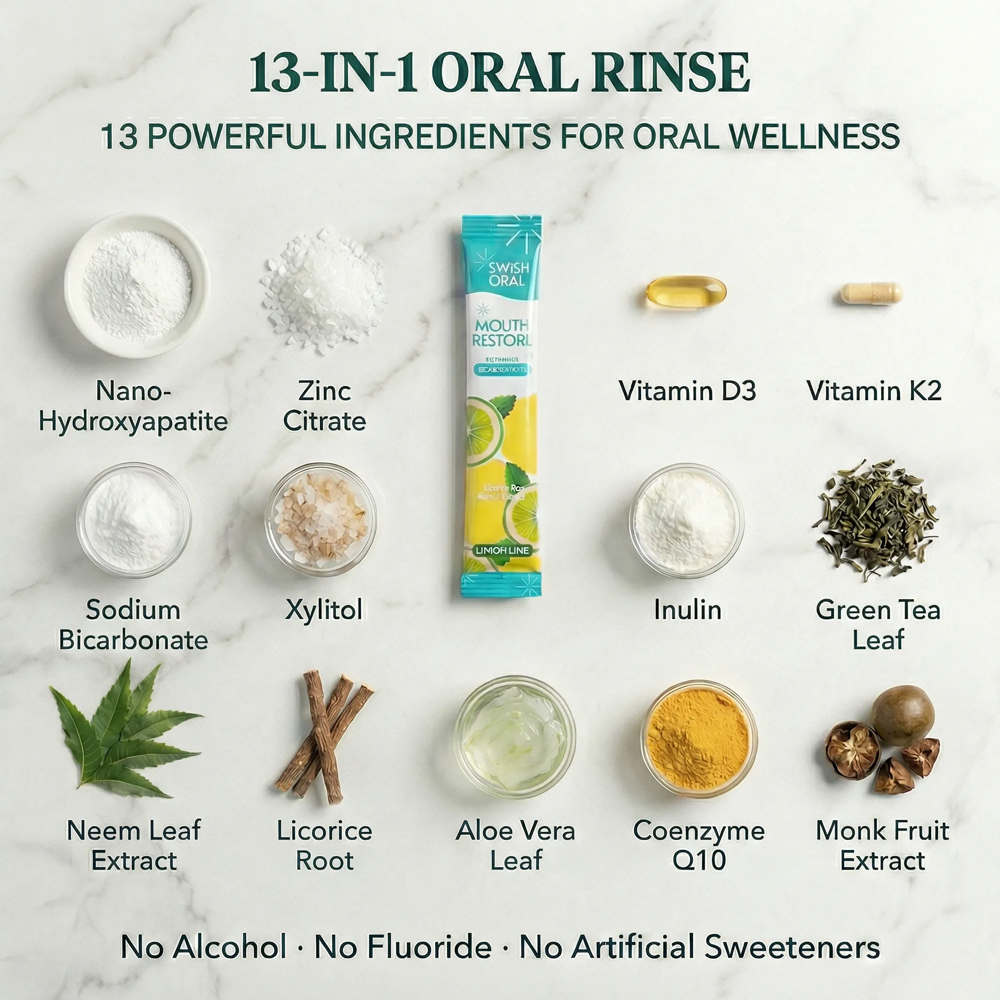 13 powerful ingredients for oral wellness — ingredient flat lay