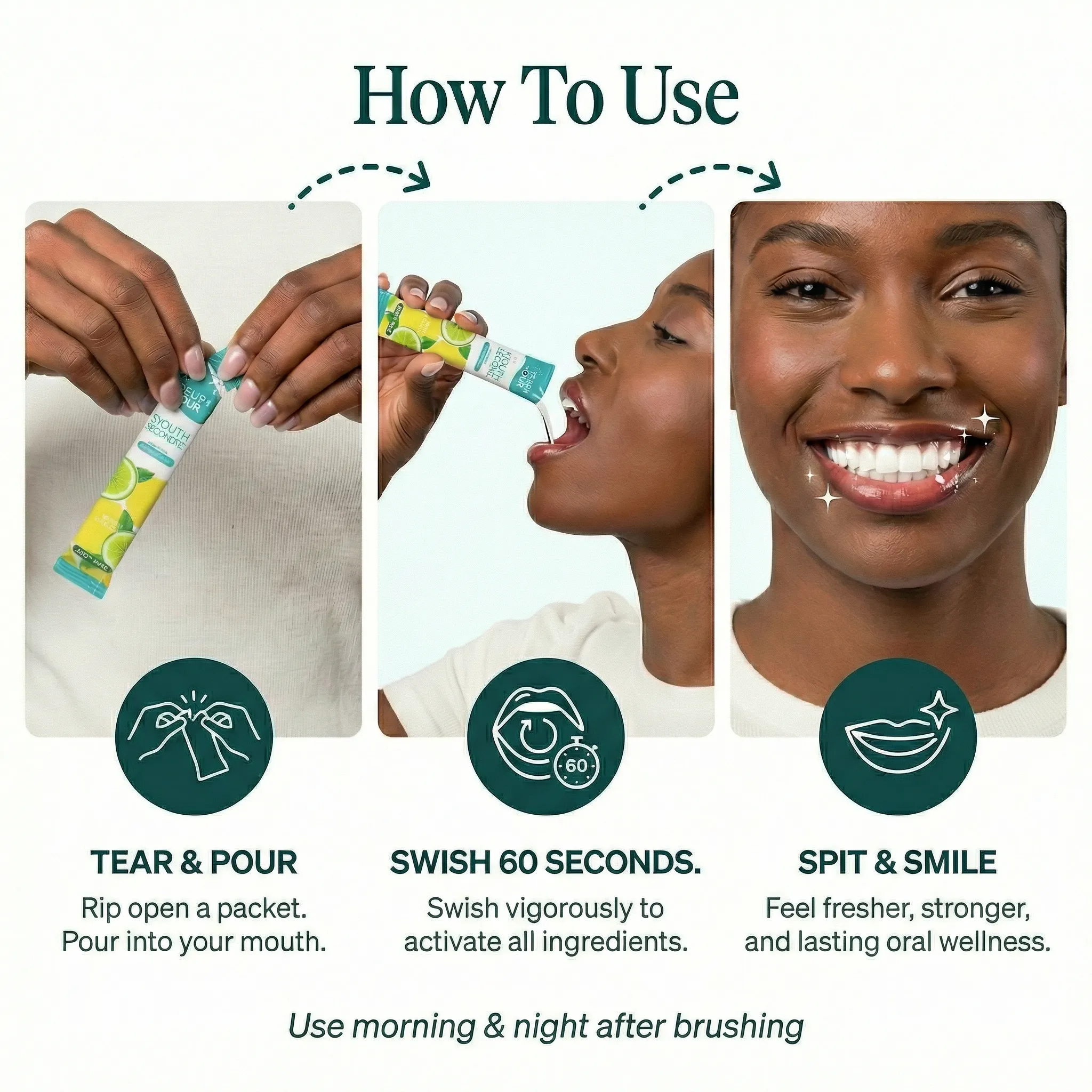 How to use Mouth Restore — tear, swish, spit and smile