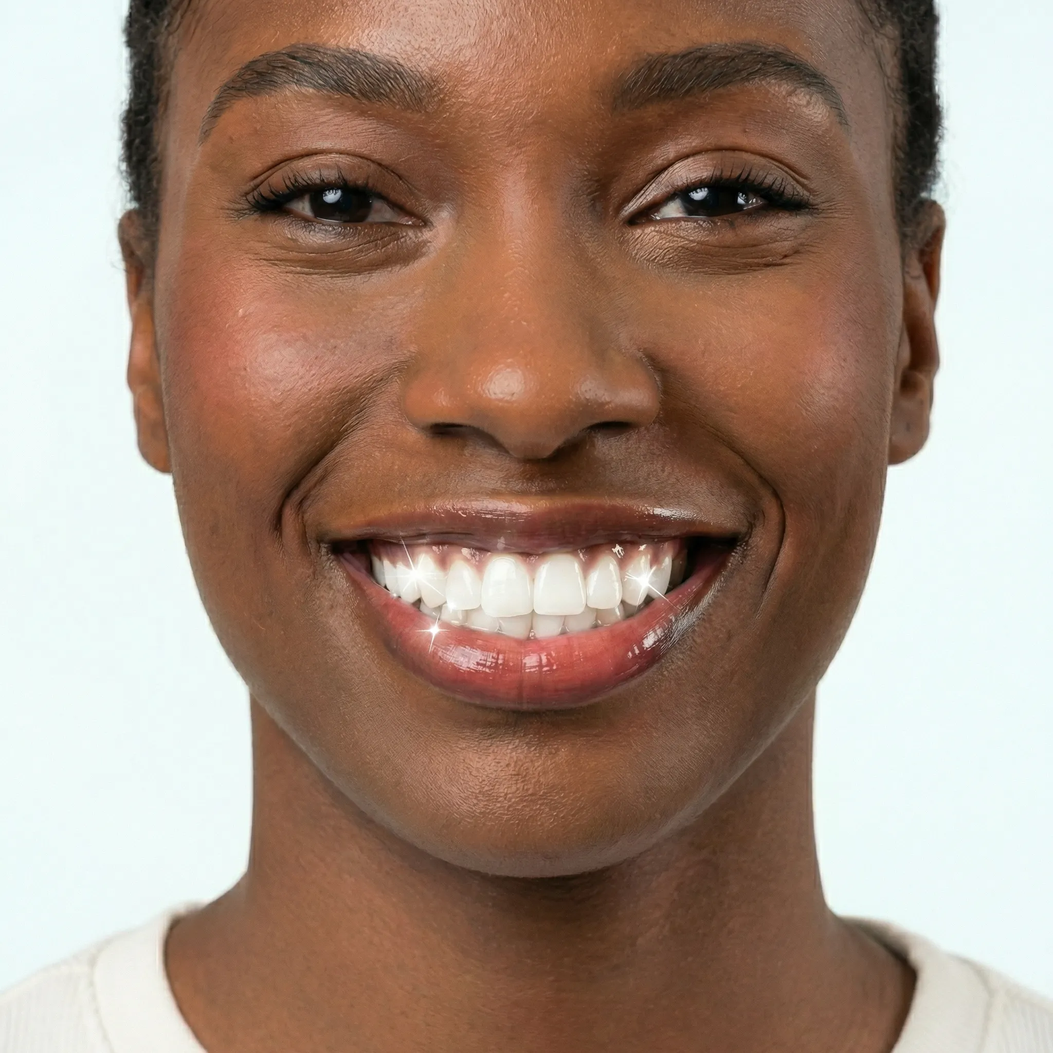 A close-up of a Black woman smiling, showing her sparkling white teeth against a light background.