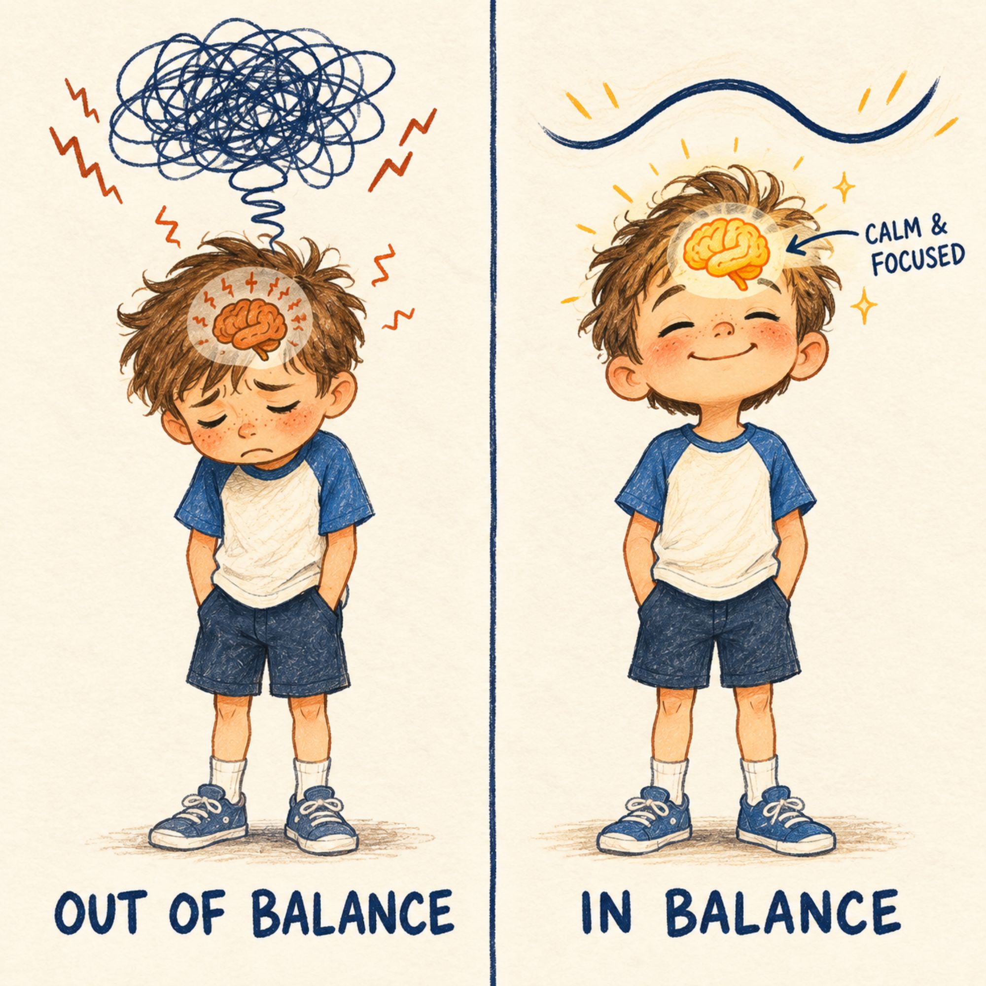 An illustration comparing a boy 'Out of Balance' with chaotic thoughts to a boy 'In Balance' who is calm.