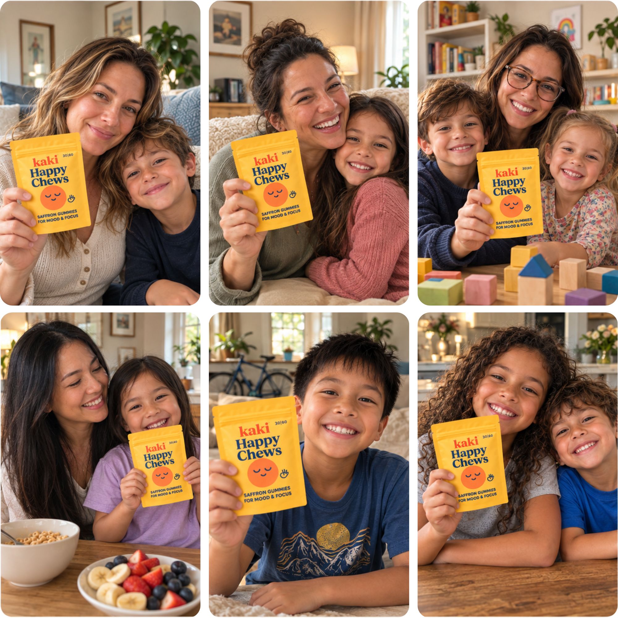 A collage of six photos showing happy adults and children holding a yellow pouch of Kaki Happy Chews.