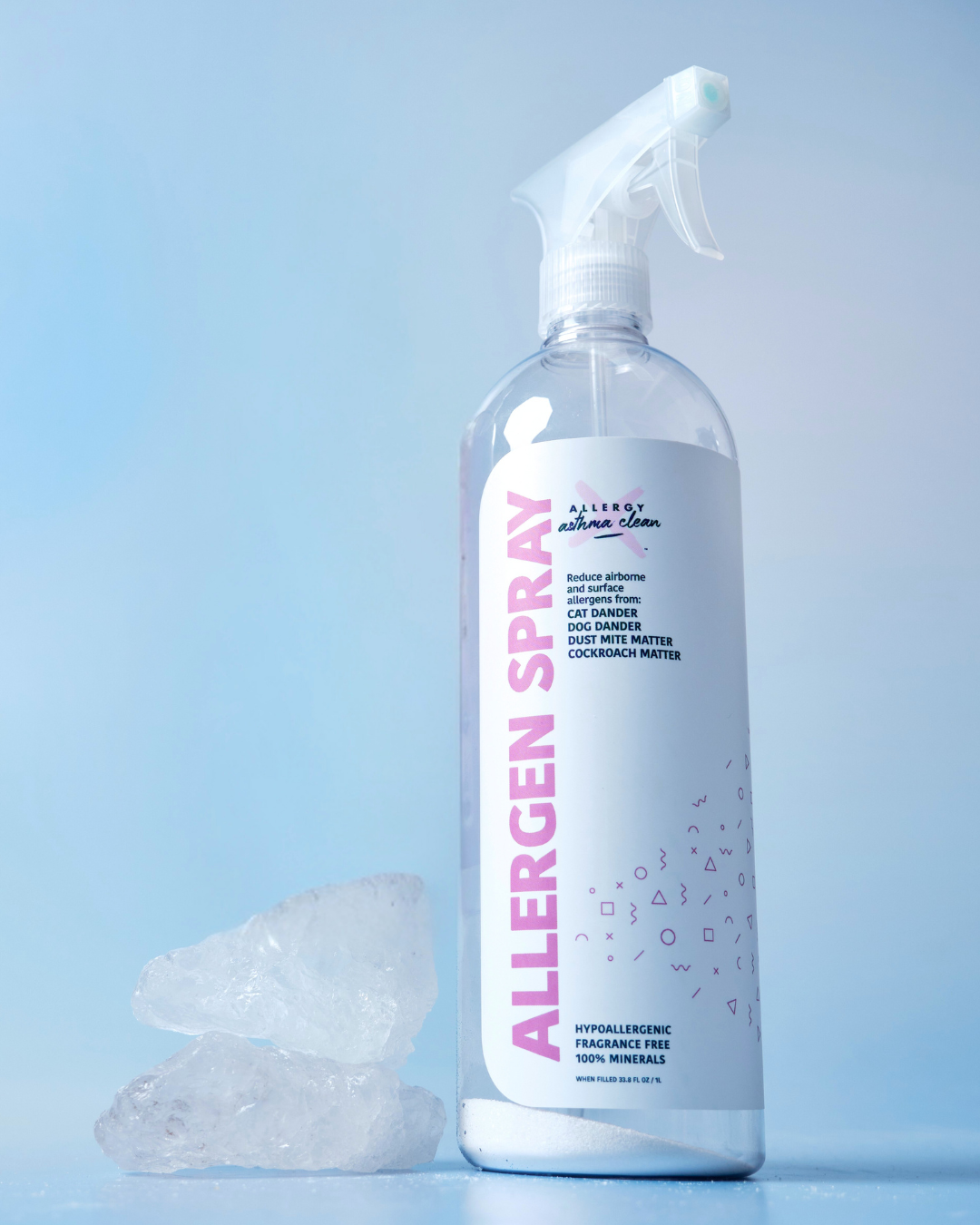 Spray bottle labeled 'Allergen Spray' with ice blocks against a blue background.