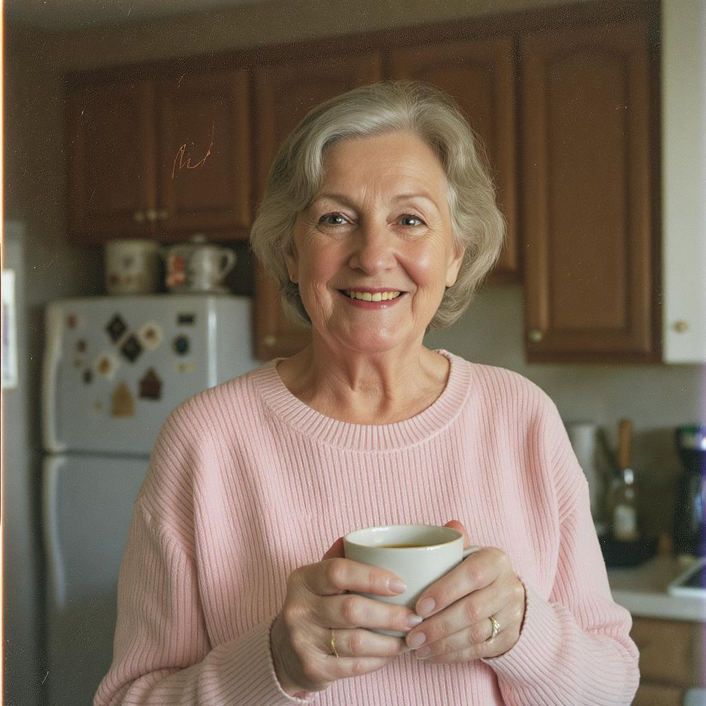 Smiling elderly woman holding a cup, standing in a kitchen.
