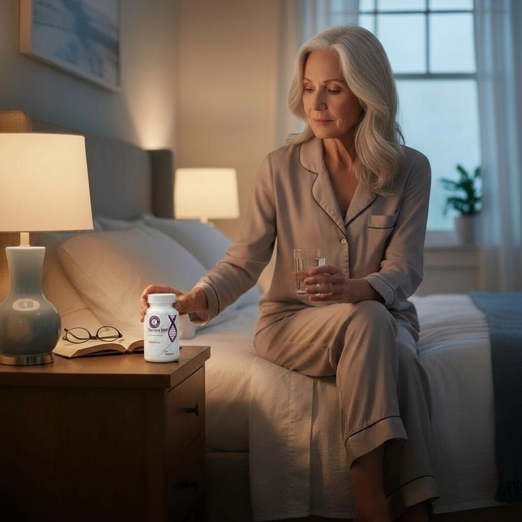 Three bottles of Sentra PM capsules for sleep disorders on a blue background.