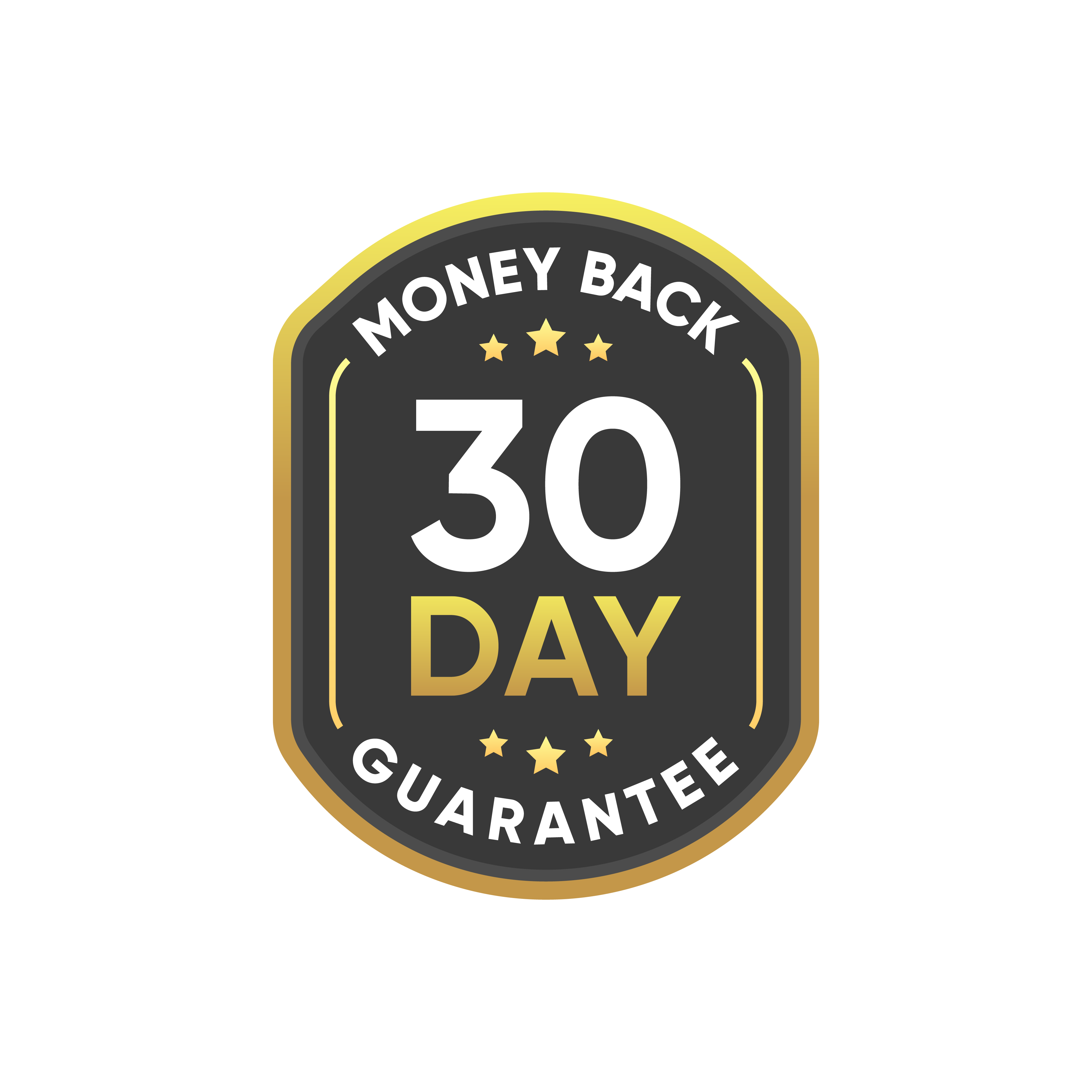 A badge with 'Money Back 30 Day Guarantee' text and stars.
