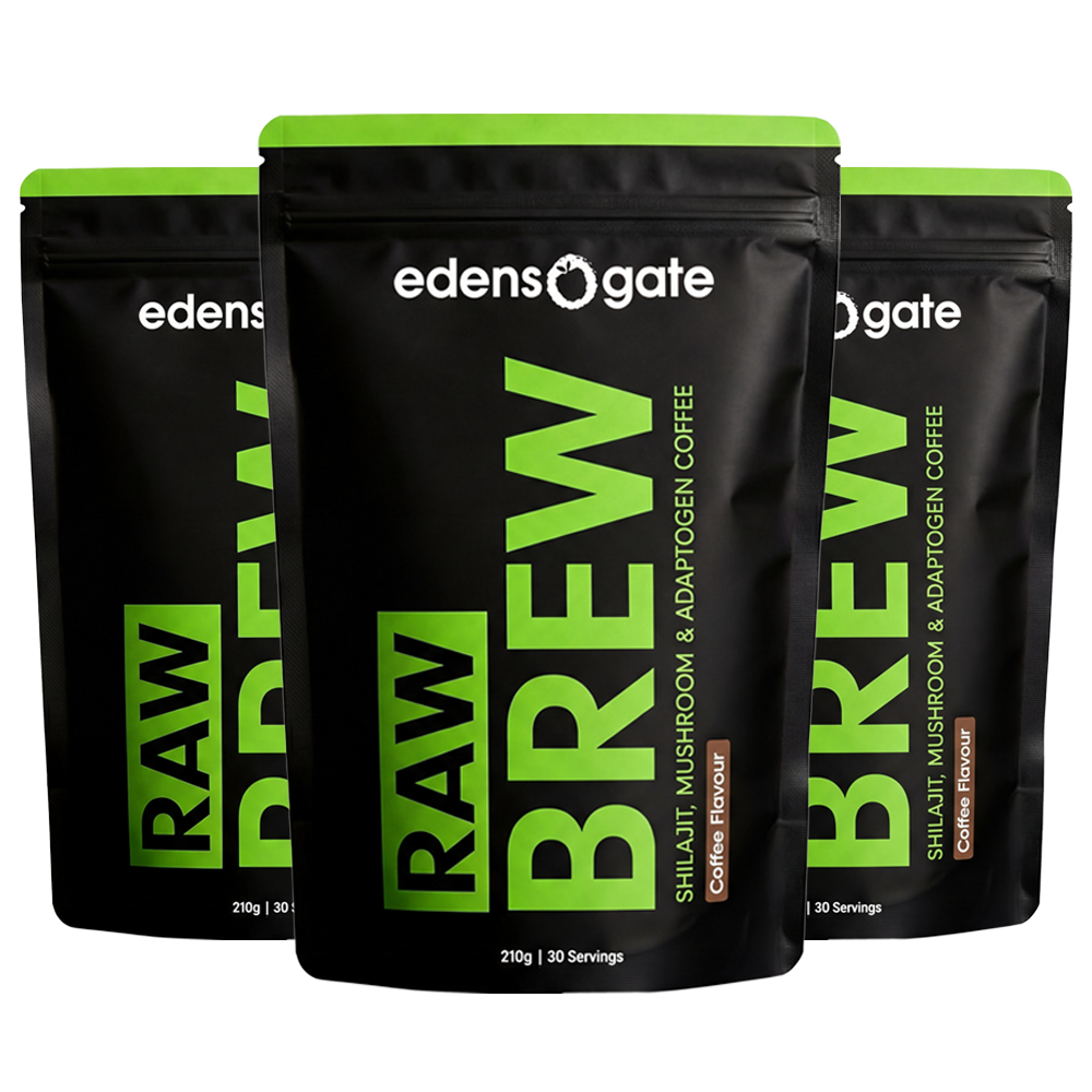 Three black and green pouches of Edens Gate Raw Brew coffee blend on a white background.
