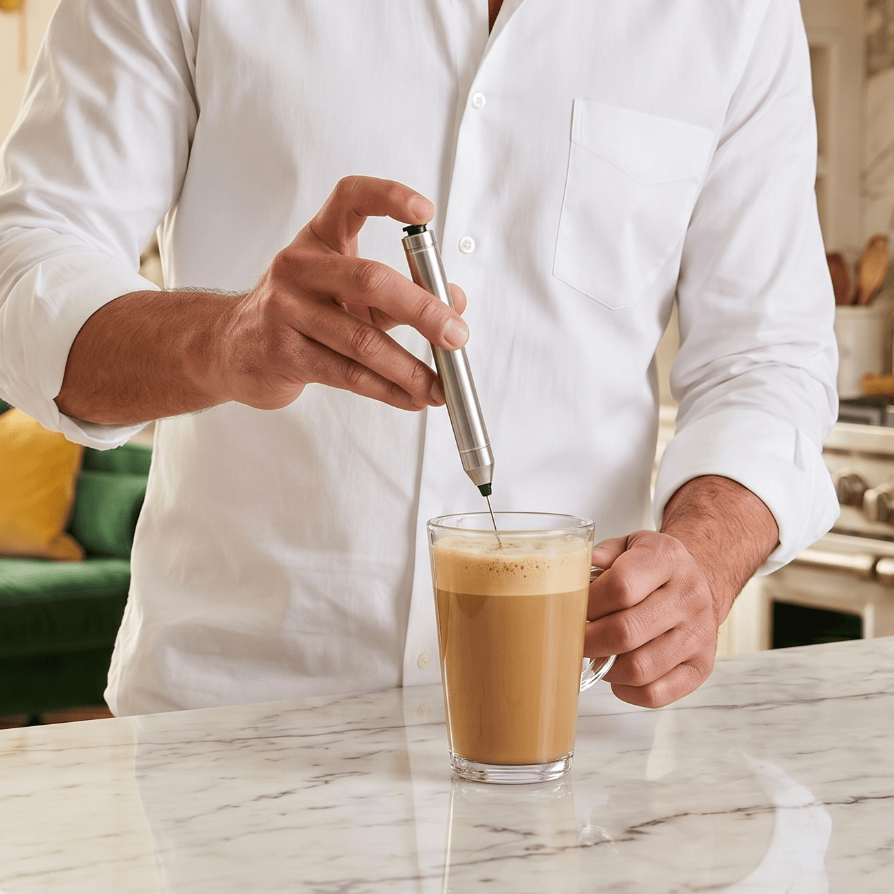 A person in a white shirt uses a handheld frother to stir a coffee drink in a glass mug.