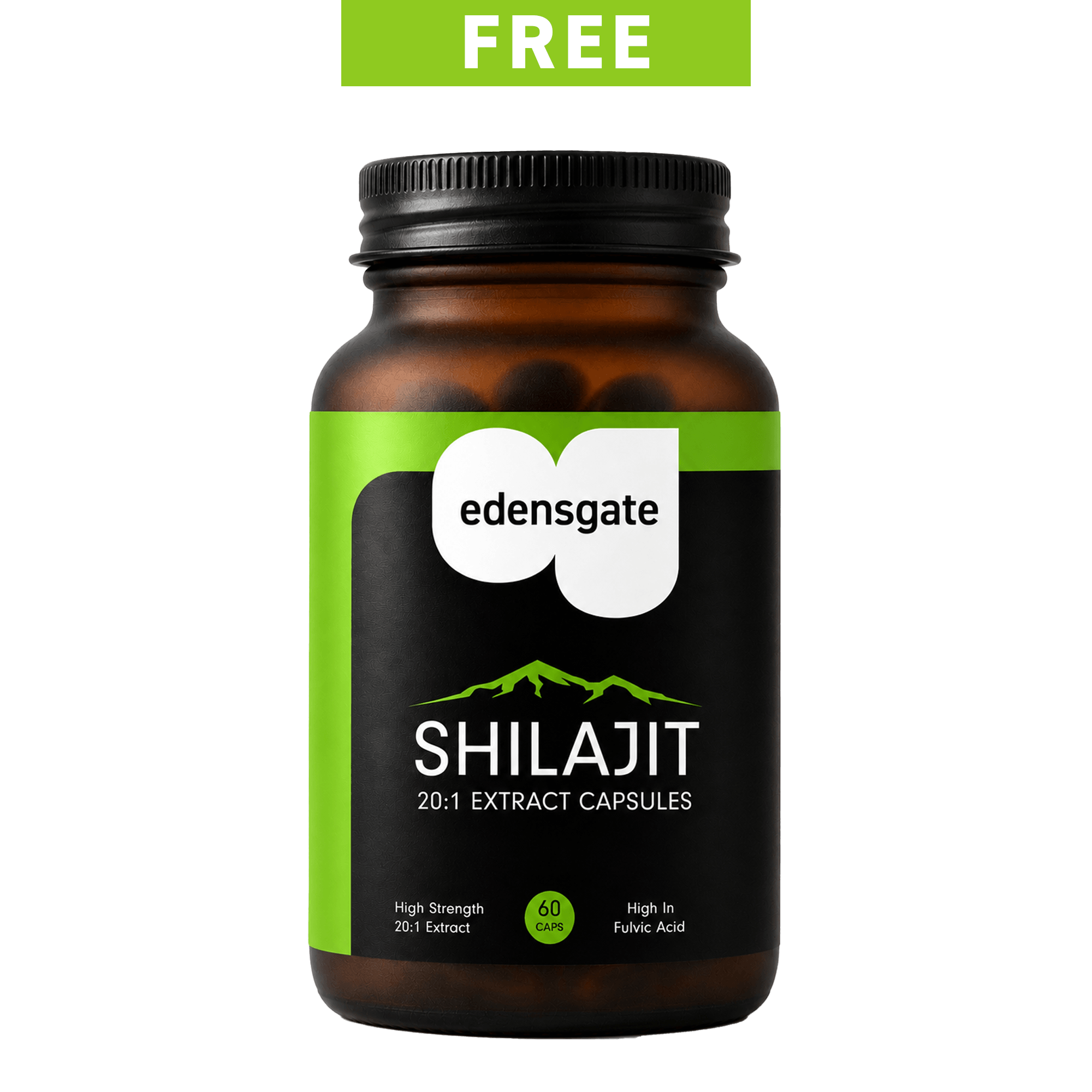 A brown bottle of Edensgate Shilajit 20:1 Extract Capsules with a green 'FREE' banner at the top.