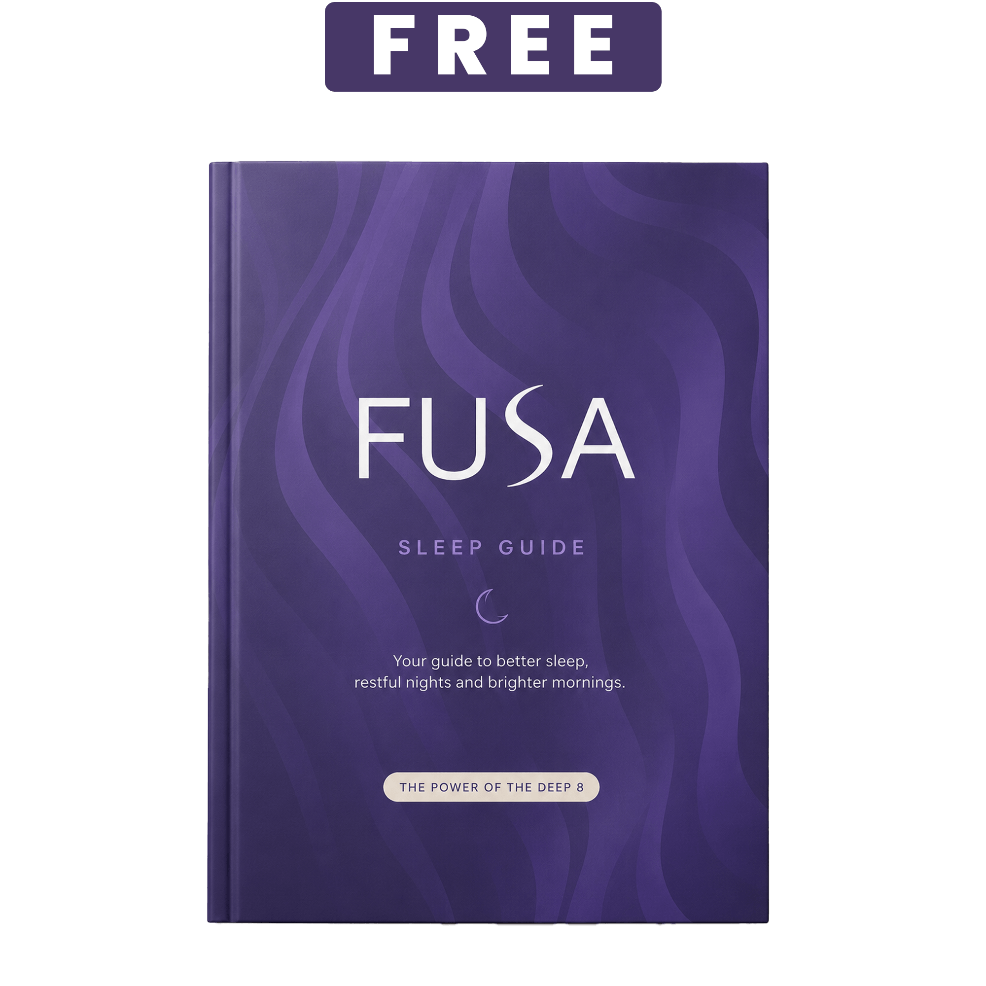 A purple book titled 'FUSA SLEEP GUIDE' with a wavy design and 'FREE' banner above.