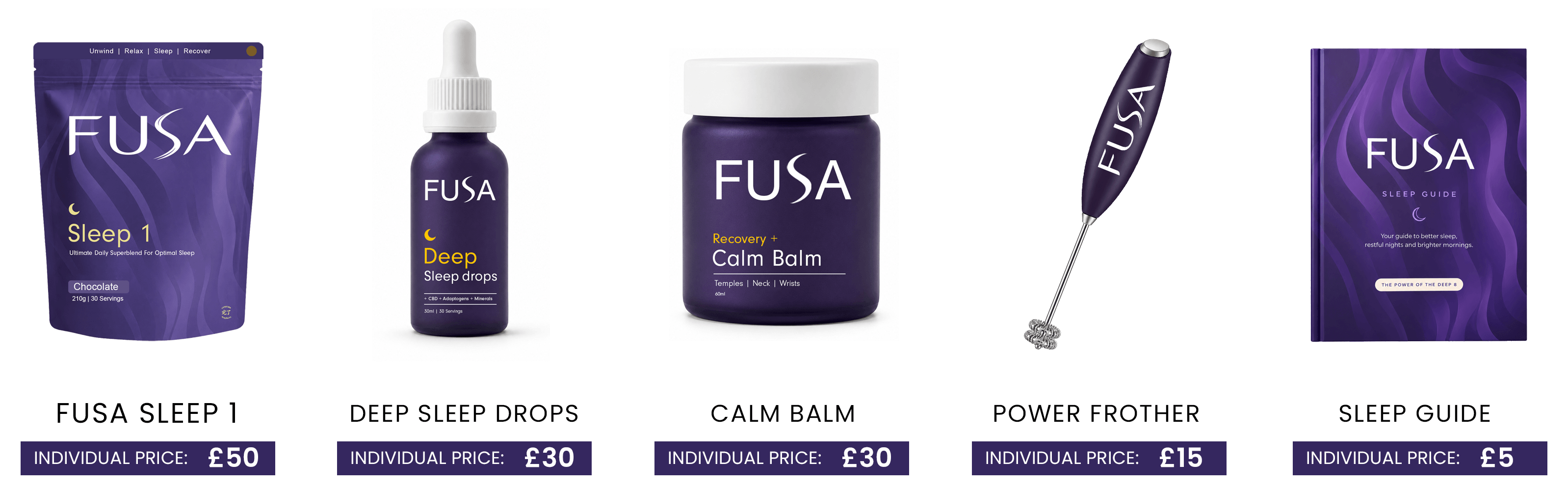 A row of five FUSA brand sleep products and their prices on a white background.