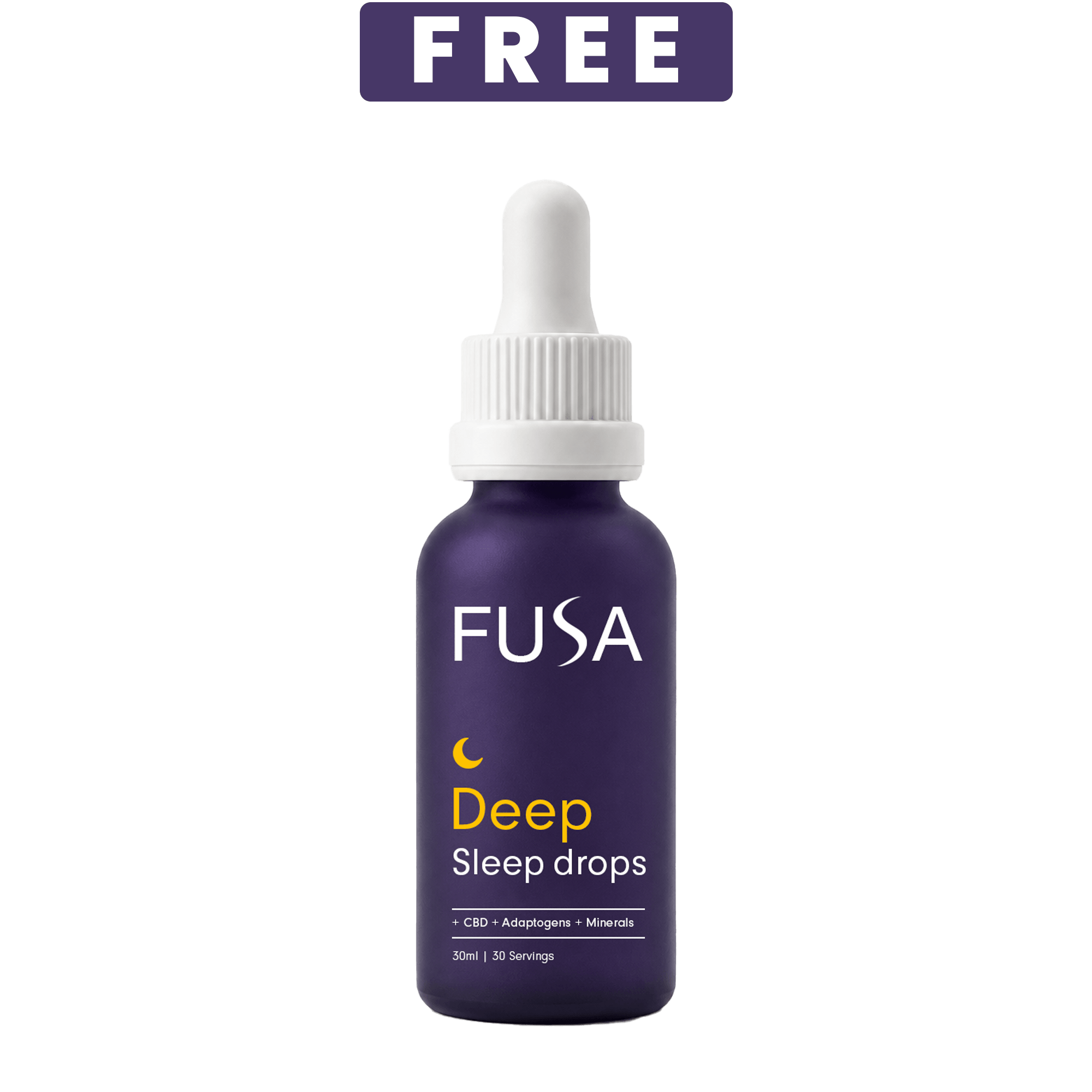 A purple bottle of FUSA Deep Sleep drops with a white dropper, with a 'FREE' banner above it.